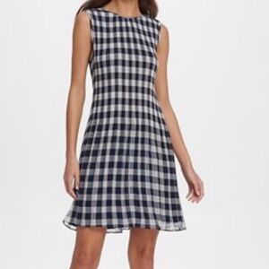 DKNY Pleated Navy Gingham Dress - Size 18